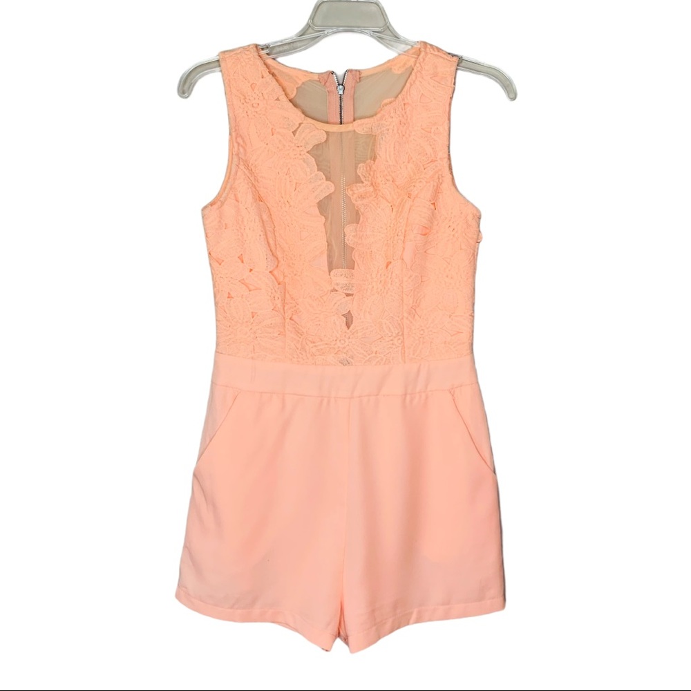 Tea & Cup Peach Sheer Mesh Lace Appliqué Romper S